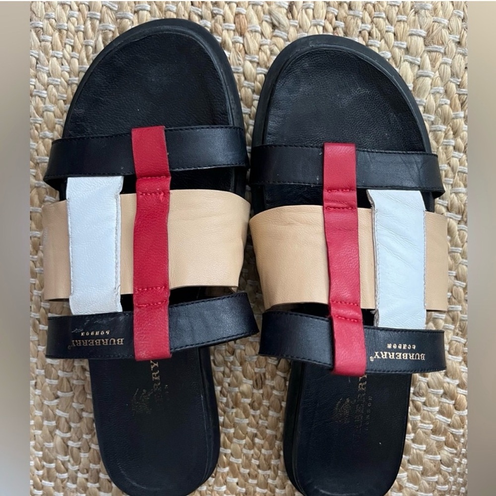 Burberry Black, Red, Beige & White Leather Slide Sandals